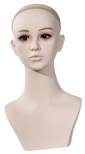 Harilla Tête de mannequin femme, buste, perruque, tête de mannequin, support avec trou d'oreille et épaule pour boucles d'oreilles, collier, centre