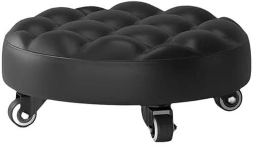 Taburete bajo con ruedas giratorias, asiento de cuero, taburete corto compacto para el hogar, garaje, oficina y taller, silla rodante portátil para una fácil movilidad