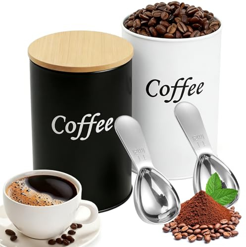WhaleO Set da 2 Barattolo Caffe Vintage con Cucchiaio Misurini, Barattolo Caffe Ermetico, Chiusura Aroma, Contenitore Caffe per Chicchi di Caffè, Caffè Macinato, Capsule e Cialde, Nero & Bianco