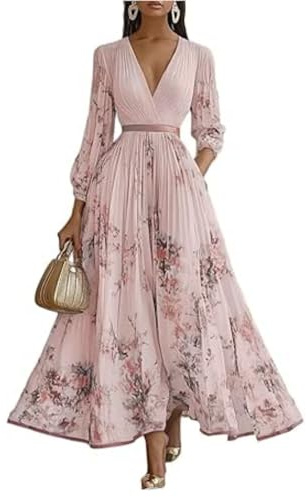 Wedding Guest Dresses for Women, Ladies V Neck Empire Waist Floral Dresses Summer Chiffon Dress Elegant Party Outfits Curvy Long Evening Skirts Women's Summer A Line Ball Gown