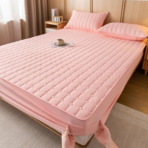 Hoisy 3-delat set med resårlakan för bäddmadrass tvättad bomull elastisk, enfärgad med geometrisk, 180 x 220 x 28 cm + 2 örngott, dra-på-lakan rosa