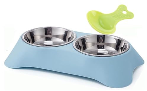 Double Dog Bowl,Non Slip Stainless Steel Double Bowls (M, Blue) | Non-spill Pet Double Bowls with 1 Pet Food Spoop For Small Dogs and Cats