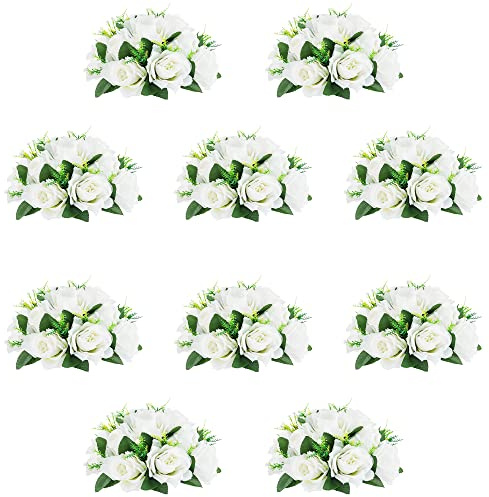 QUTUNI 10Pcs Artificial Flower Ball Arrangement, 9.5 15 Heads Wedding Roses Bouquet with Base Suitable for Parties Valentine's Day Wedding Centerpieces Flower Rack and Home Decor (White)