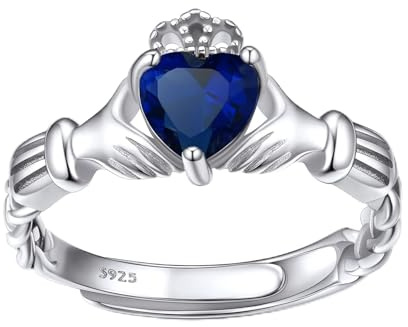 Bestyle Birthstone Jewellery Claddagh Celtic Knot Ring 925 Sterling Silver | Hypoallergenic Adjustable Rings for Women Birth Month Gemstone Gift Irish Band Ring