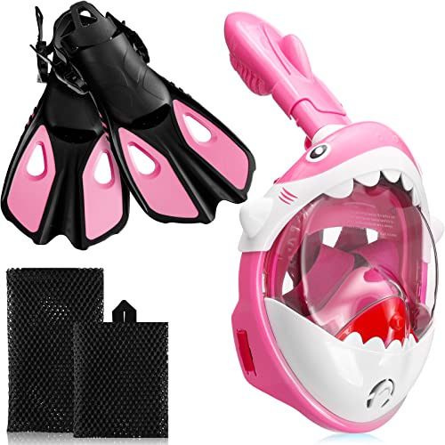 Moukeren 2 Pcs Full Face Snorkel Mask for Kids with Adjustable Swim Fins 180 Degree Panoramic View Shark Snorkeling Gear Diving Fins Swim Flippers for Children Boys Girls(Pink)