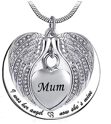 LSxAB Mum Memorial Urn Cremation Necklaces for Ashes Keepsake Heart Angel Wing Pendant Ashes Holder - I was His Angel Now He's Mine