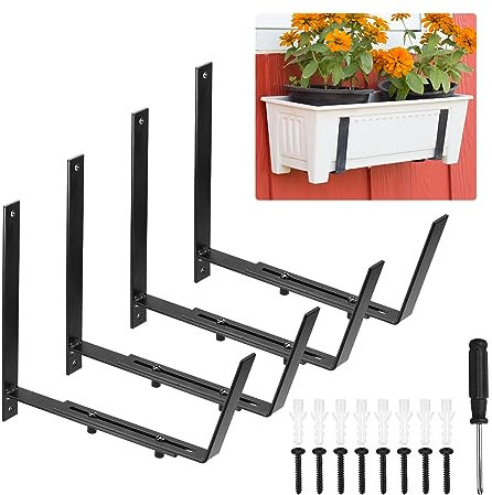sourcing map Adjustable Window Planter Box Brackets Universal Window Box Holder, Iron Flower Box Wall Mounting Hooks for Balcony, Fences, Patio, and Garden (4 PCS)