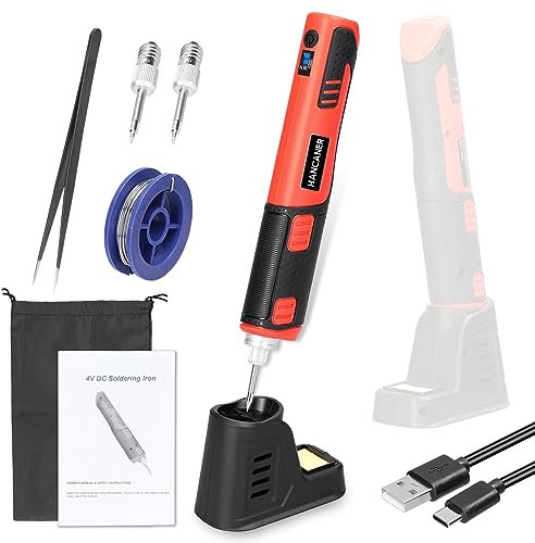 Hancaner Fer à Souder Sans Fil, max 450° - Fer à Souder de Précision Léger, Rechargeable Micro USB + 3 Pointes Fer à Souder - Chauffe en 25 sec - Station de Soudage + Éponge, lumière LED