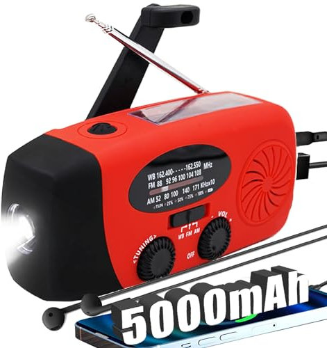 Radio d'urgence météo NOAA mise à niveau 2024 5000 mAh avec charge solaire, radio AM FM à manivelle Windup Radio SOS Alarme LED avec prise écouteurs pour la maison, le camping, la survie ouragan