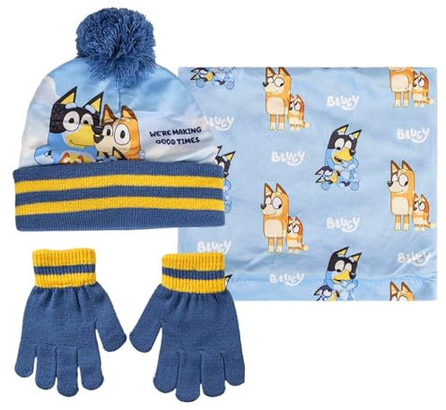 Bluey Gorro con pompón + Bufanda + Guantes para niños y niñas Conjunto de Invierno de 3 Piezas Regalo