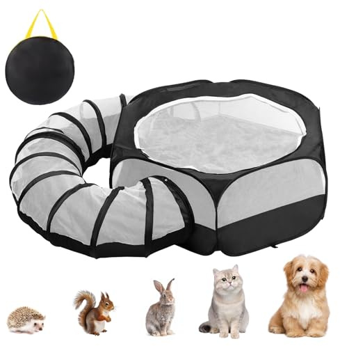 ybaymy Small Animal Playpen with Surround Tunnel,Waterproof Guinea Pig Cage Breathable Rabbit Cage with Top Cover Pop Open Ferret Toys Hamster Playpen for Chicken Cat Dog Indoor Outdoor Exercise