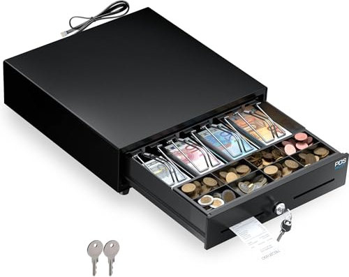POS VALLEY Cajón para caja registradora, apertura automática RJ/llave, caja de caudales con 4 billetes y 8 monedas (euros), 33 x 33 cm, negro