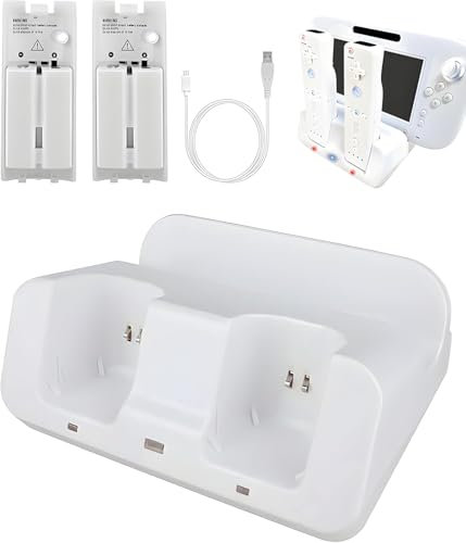 Charging Docking Station for Wii Controller, Wii Battery Charger with 2 Pack Rechargeable Battery,Charging Station Dual Lighting Dock Charger for U Gamepad and Controllers (White)