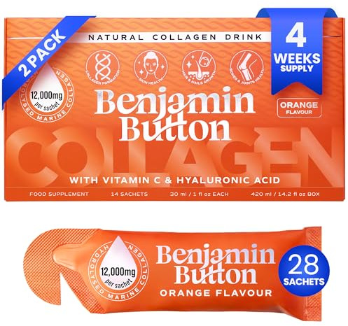 Benjamin Button Marine Collagen Liquid Sachet w/Hyaluronic Acid & Vitamin C | for Hair, Skin, Nails & Joints | 12,000mg High Strength Hydrolysed Collagen (Orange, 28x Sachets)