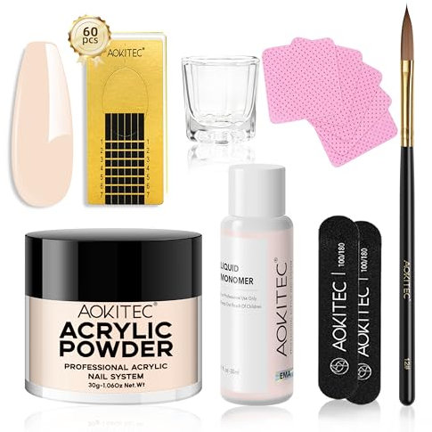 Aokitec Acryl Nägel Starterset, Nude Acrylpulver mit Acryl Liquid Nagelpinsel Nagelschablonen Nagel Zubehör, Acryl Pulver Nails, Acrylgel für Nägel, Nägel Selber Machen Set
