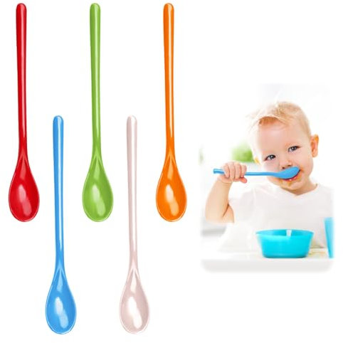 Miunpri 5 Pcs Long Handled Multicolour Plastic Teaspoons for Mixing Latte Coffee Espresso Ice Cream Spoons, Imitation Porcelain Tableware