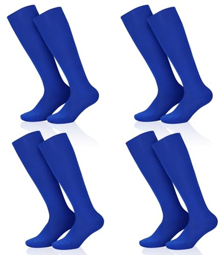 SKHAOVS 4 Paia Calzettoni Calcio Blu per Bambini, Calze Calcio per Ragazzi Ragazze, Calzini Sportivi Alti Ginocchio Calzini da Basket Rugby Hockey, Calzini da Allenamento per 5-12 Anni