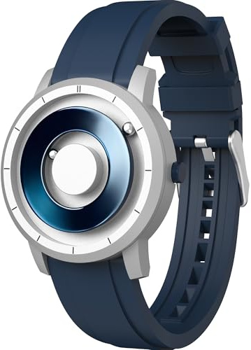 EUTOUR Montres Hommes avec Boules Magnétiques Cadran Miroir 40MM Étanche à 5ATM Cadeau Unique Montre Analogique à Quartz avec Bracelet en Silicone Bleu et Argent