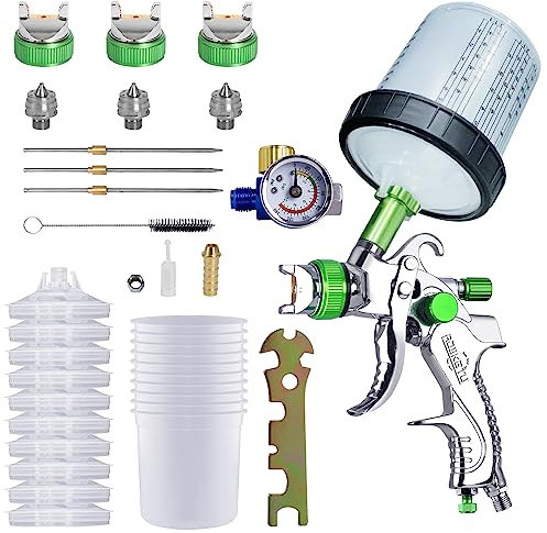 Paint Sprayer with 10pcs 600ML Disposable Cups&Pressure Gauge,Car Spray Gun Kit with 3 Nozzles 1.4/1.7/2mm Nozzle Paint Mixing Quick Cup for home (Green)