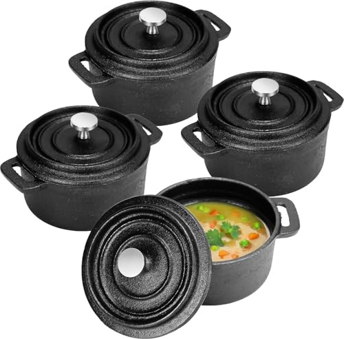 4 Pack Mini Cast Iron Dutch Oven, 8 OZ Round Iron Cocotte, Cast Iron Garlic Roaster Small Pot with Lid Non-Stick for Stovetop Use Marinate Cook BBQ