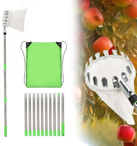 4.2M Apple Picker,Fruit Picker with Telescopic Handle,Fruit Grabber Tool with Stainless Steel Telescopic Stake and Cotton Bag,Fruit Collector Picking Aid, Cherry Picker for Pears (4M)