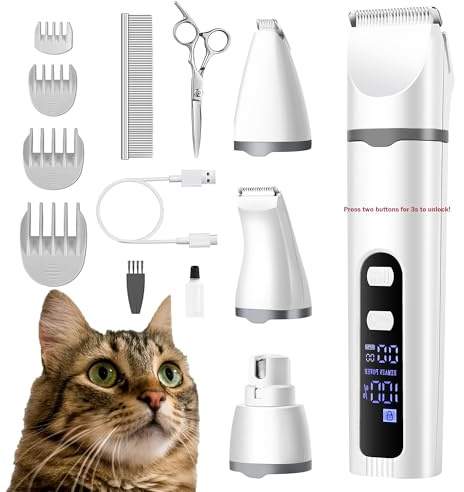 BreeyPaws Cat Clippers Dog Paw Trimmer Grooming Kit,4 in 1 Cat Shaver for matted Fur Claw Silent,Pet Shaver Trimmer for Dogs Cats Paws,Battery Display & 2 Speed & Startup Locked