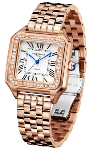 Luxury Square Womens Watch, Automatic Self Wind Movement, 33mm Ladies Watch Elegant, Rosegold Bracelet, Roman Numerals, Sapphire Crystal, Diamond Analog Wrist Watches for Work Dress, Gift for Her,