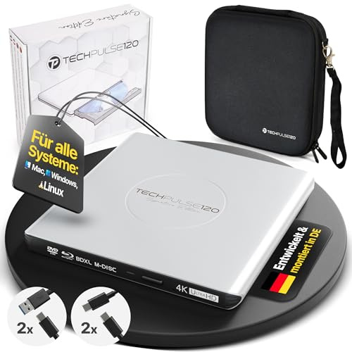 techPulse120 Externes USB 3.1 USB-C UHD 4k 3D M-DISC Blu-ray DVD CD HDR10 128GB Laufwerk Brenner Burner Signature Paket Tasche 90cm Anschlusskabel Aluminium (Silber)