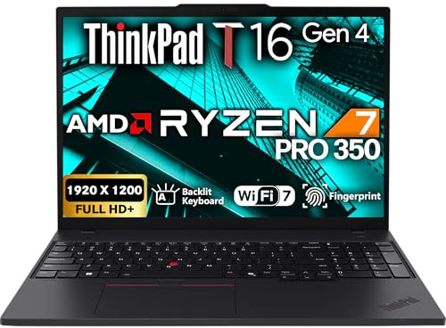 Lenovo ThinkPad T16 Gen 4 Business Laptop 16 FHD+ Display, AMD Ryzen 7 AI Pro 350, 32GB DDR5 RAM, 512GB SSD, 5MP Webcam, Fingerprint, Backlit KB, WiFi 7 + BT, RJ-45, Win 11 Pro - Black