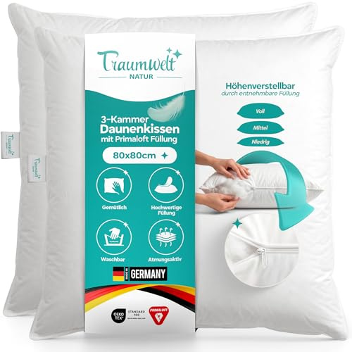Traumwelt Natur Made in Germany, cuscino in piuma a 3 camere, 80 x 80 cm, regolabile in altezza con chiusura lampo, esterno 90% piumino, interno Primaloft, adatto per persone allergiche, Oeko-Tex