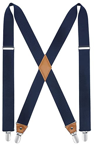 HISDERN Suspenders for Men Navy Mens Suspenders Blue Adjustable Elastic Suspender Braces Heavy Duty Clips X-Back 1.4 Inch Work Trousers