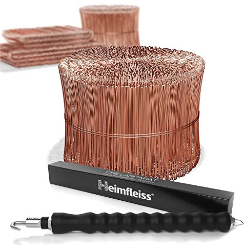 Heimfleiss® atadora alambre + alambre de sujeción cobreado 1,0 x 100-160 mm (1000 uds.) - Set trenzador alambre, amarrador de alambre y alambre de sujeción - Atador alambre, alambre de torsión de ojal