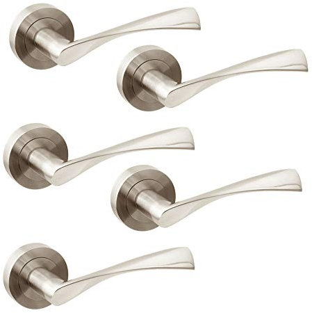 Emuca - Poignée de porte intérieur, lot de 5 ensembles de poignées de porte avec rosace D.50 mm, Aluminium, Nickel satiné.