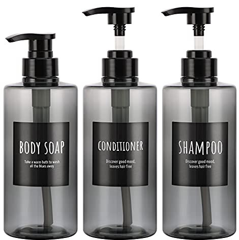Segbeauty Seifenspender mit Etiketten, 3 Stück 500 ml Leere Pumpflasche, Reiseflaschen Set, Kunststoff nachfüllbare Shampoo Flaschen Lotion Duschgel Spender für Küche und Bad,Grau