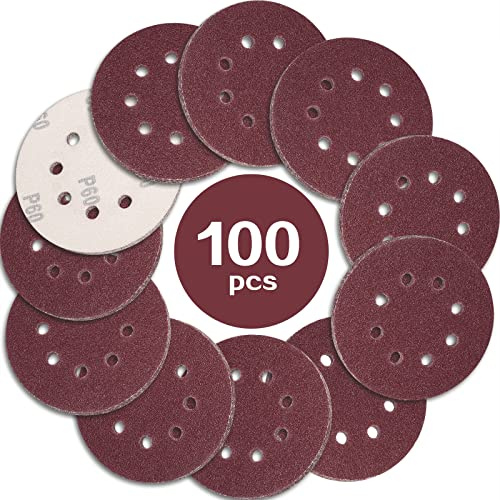STEBRUAM 100 Piezas Discos para lijas 125mm Grano 60, lija circular con 8 Agujeros para Lijadora Excéntrica y Lijadora Orbital