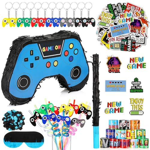 Meooeck 90 Video Game Party Favors Include Game Controller Piñata with Blindfold Baton Confetti Slap Bracelet Keychain Straw Sticker Gamer Party Favors Gamer Birthday Decorations for Theme(Blue)