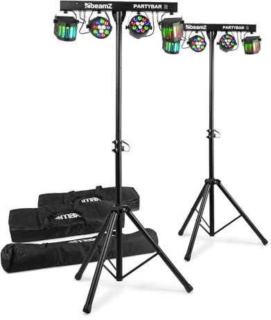 MAX PartyBar2 LED Disco Party Light Bars with Stands and Cases, Pair | Derby & Par multi effects, DMX channels, sound activation, soft case set