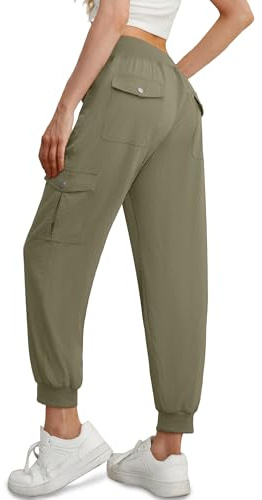 GRECERELLE Casual Walking Cargo Trousers Women Summer Hiking Pants for Ladies UK with Elastic Waist Cuffed Ankles and 6 Pockets Ideal for Outdoor Streetwear