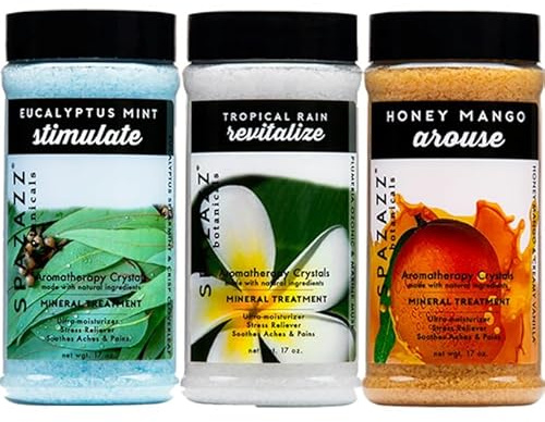 Spazazz Hot Tub Aromatherapy Bath Salt Crystals 3-Pack Bundle - Eucalyptus Mint Stimulate - Tropical Rain Revitalize - Honey Mango Arouse - Botanicals Collection Scents for Relaxing in Spas (17 oz)