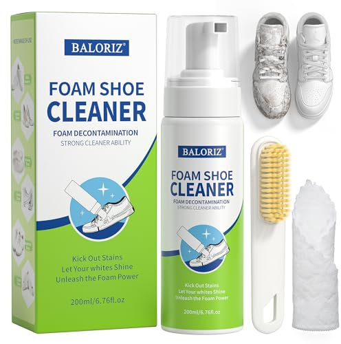 BALORIZ Sneaker Cleaner Kit, Shoe Cleaner Solution with Brush & Cleaning Cloth, No-Rinse White Trainer Cleaner for Shoes, Sneaker, Leather, Canvas (200 ml) (GREEN)