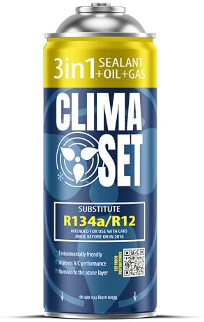 ClimaSet 3in1 R134a luftkonditioneringsköldmedium med tätningsmedel och oljesats – för bilar 1994 till 2016 – Giftfritt – Korrosionsbeständigt – 1 stycke – 235 g