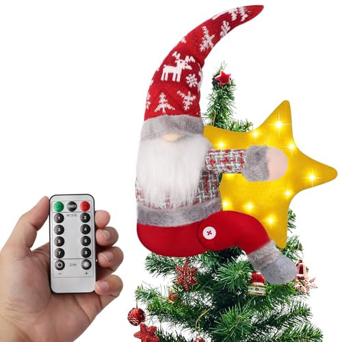 Gnome Christmas Tree Topper, Gnome Christmas Decorations with Lights, Gnome Plush Ornaments with Remote Control, Gnome Santa Ornaments, Christmas Home Decor Curtain Tie Wine Bottle Decoration