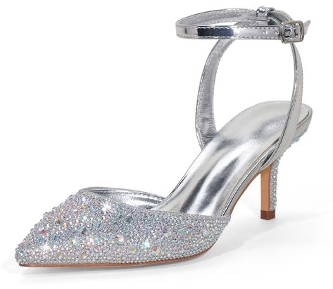 GENSHUO 2.5-Inch Rhinestone High Heels, Pointed Toe with Ankle Strap, Elegant Court Shoes, Silver Rhinestone, 6 UK