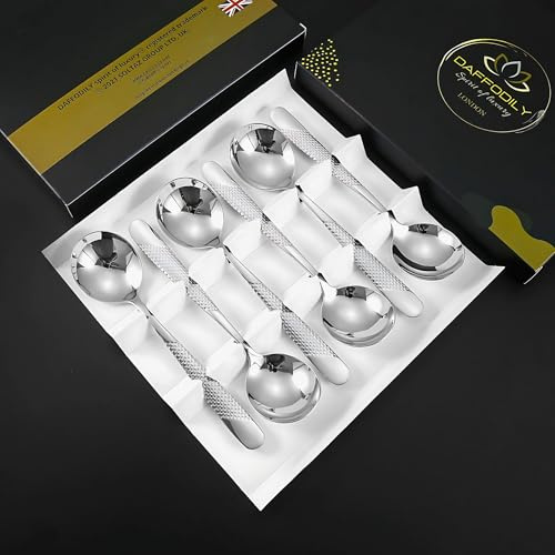 DAFFODILY Soup Spoons, Set of 6, 18/10 Stainless Steel, Silver