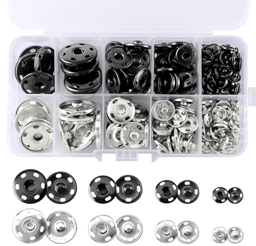 100 Pares Corchetes de Presión de Metal, 8,5 mm 12 mm 15 mm 21 mm Corchetes Costura, Botones Automáticos a Presión negros y Plateado, con Caja Transparente para Ropa, Costura, Bricolaje