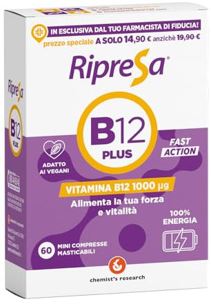 CHEMIST'S RESEARCH RIPRESA B12 PLUS | Integratore Alimentare di Vitamina B12 | Stanchezza Fisica e Mentale | 60 Mini Compresse Senza Glutine e Senza Lattosio