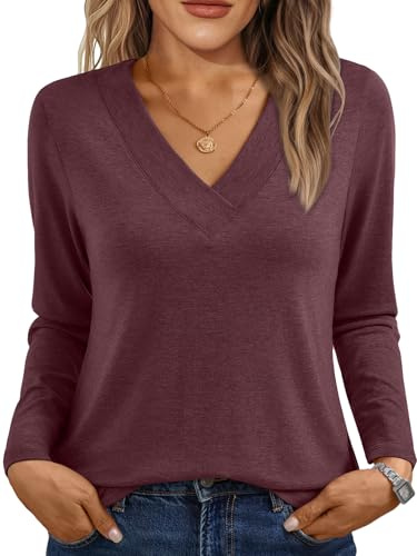 AUTOMET Long Sleeve Shirts for Women Tops V Neck Casual Top WineRed