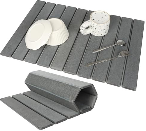 Bourske Large Stone Dish Drying Mat for Kitchen Counter, 60×39cm Eco-Friendly,Instant Drying Pad,Diatomaceous Earth Water Absorbing Mat, Foldable and Quick Dish Drying Stone Mat, Dark Gray