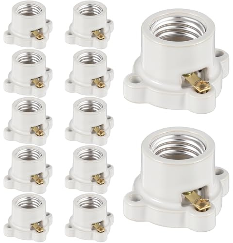 Saysurey 12 Pcs Porcelain Lamp Holder Socket E26/E27 Medium Keyless Threaded Socket with Two Hole Flanged Mounting 660W 250V Medium Base Lampholder Cleat Sockets for Indoor Garage Closet Lighting