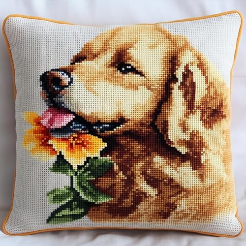 animale Kit di ganci a chiusura per cuscino,kit di ricamo,Cucciolo carino che bacia un fiore,gancio di chiusura per cuscino principianti,federa per cuscino da divano,43x43cm